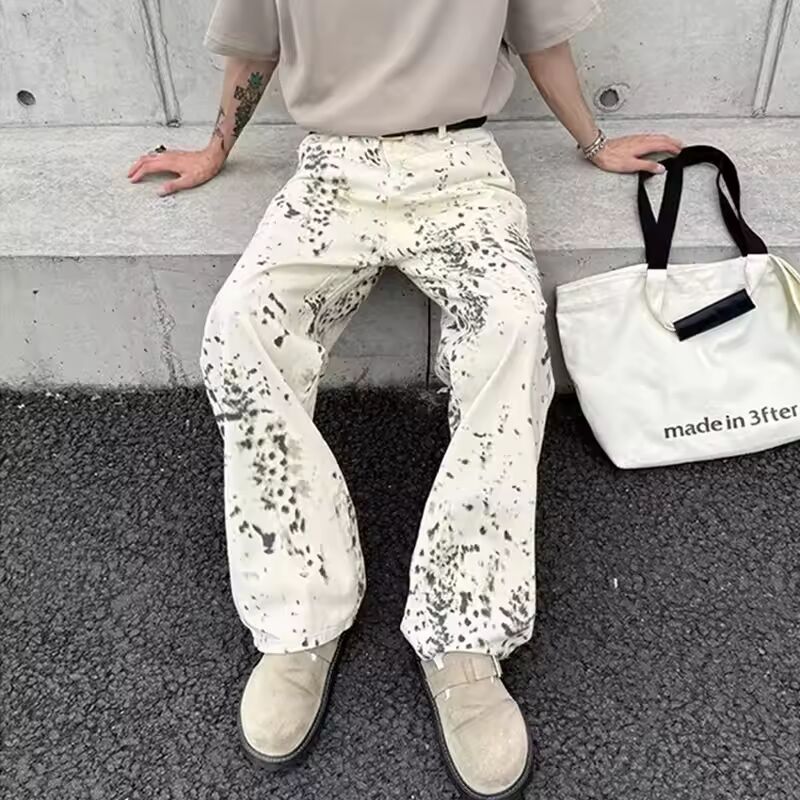 2000S Clothes Y2K Fashion White Leopard Baggy New Jeans Pants For Men Luxury Designer Casual Long Trousers Ropa De Hombre 2024