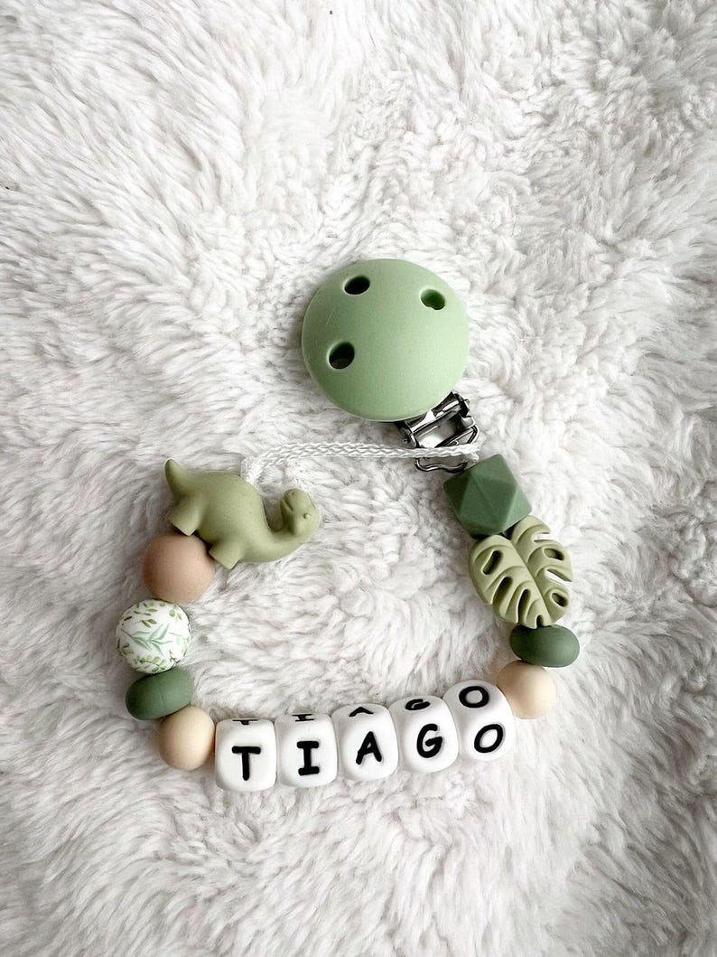Personalized pacifier chain with dinosaur – natural tones – handmade – gift for birth – baby accessories with name