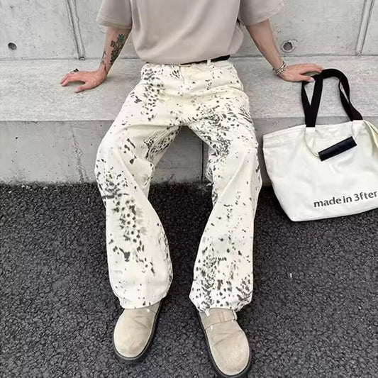 2000S Clothes Y2K Fashion White Leopard Baggy New Jeans Pants For Men Luxury Designer Casual Long Trousers Ropa De Hombre 2024
