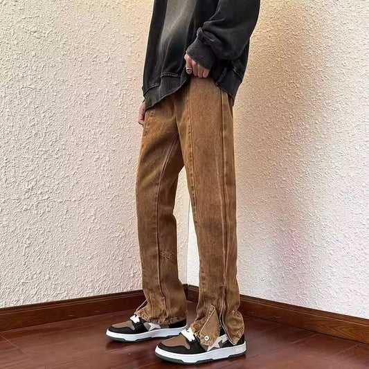 2022 Korean Fashion Ankle Zipper Vintage Brown Men Jeans Pants Luxury Straight Hip Hop Casual Denim Trousers Pantalones Hombre