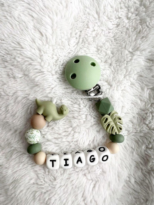 Personalized pacifier chain with dinosaur – natural tones – handmade – gift for birth – baby accessories with name